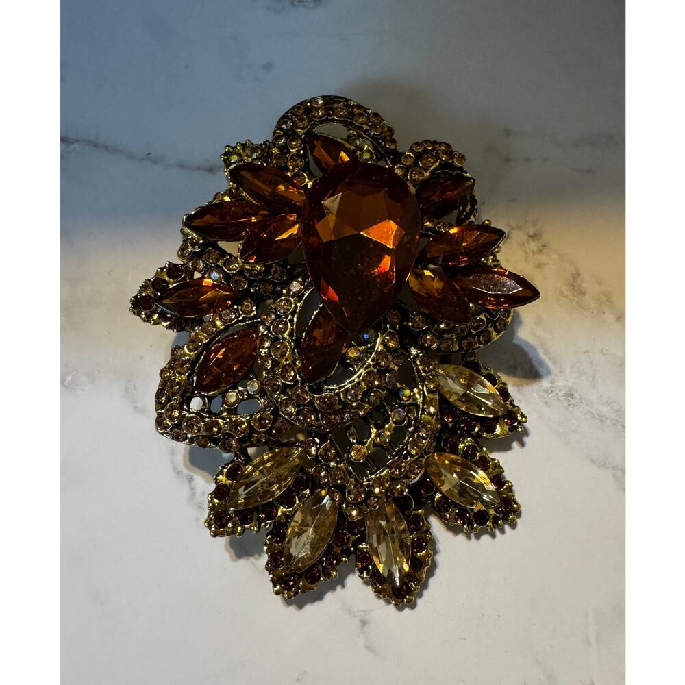 Large Vintage Amber Topaz Rhinestone Statement Brooch Midcentury Style Cluster